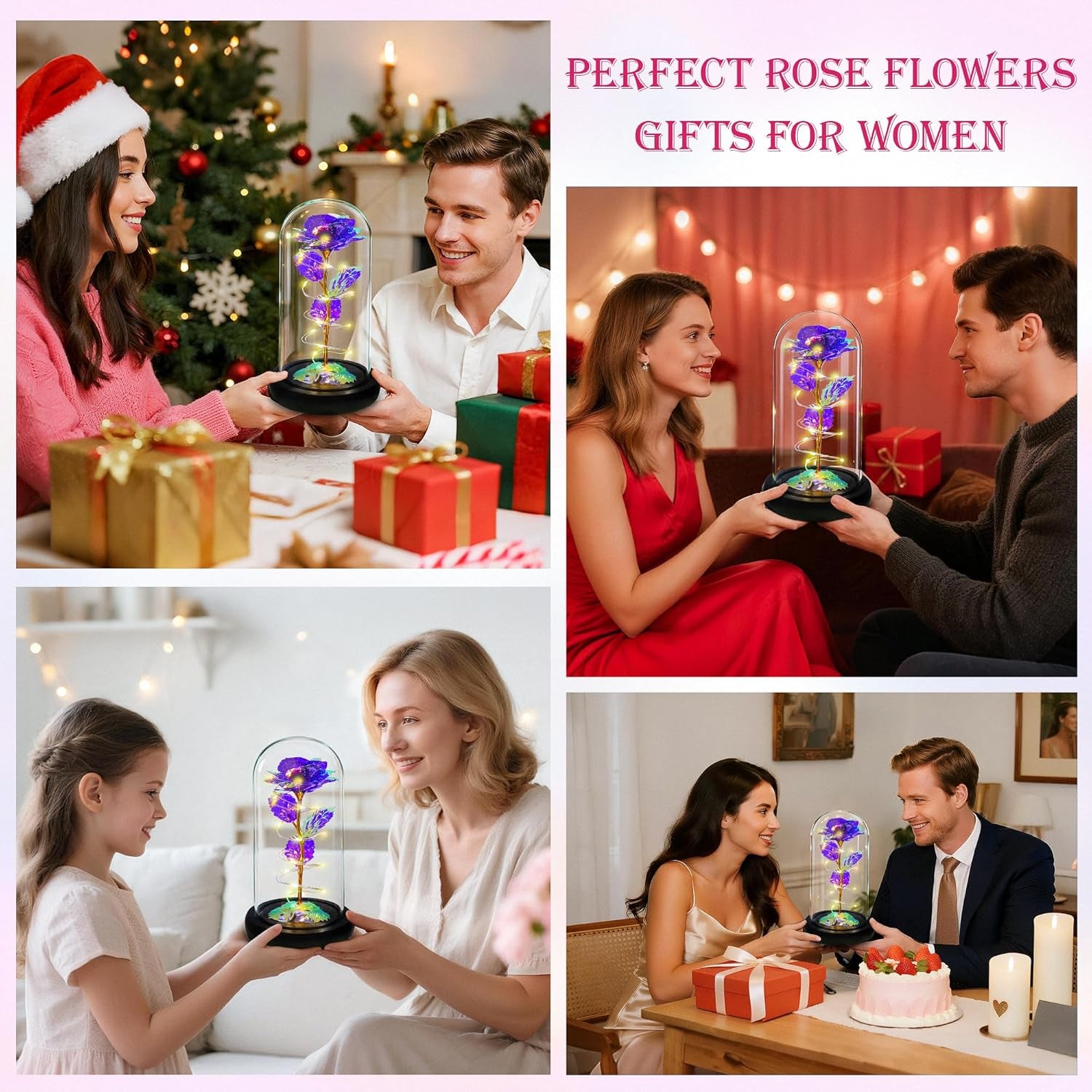 Rose Flower Gifts for Women,Birthday Gifts for Women,Womens Gifts for Christmas,Mom Gift for Xmas, Purple Colorful Artificial Flower Rose Light up Rose in a Glass Dome,Flower Gifts for Her,Anniversary