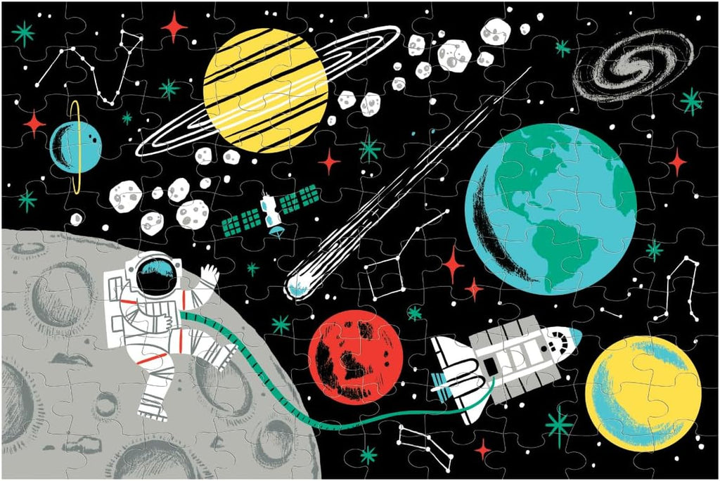 Outer Space Glow-In-The-Dark Puzzle, 100 Pieces, 18”X12”, Made for Kids Age 5+, Illustrations of Planets, Stars, Spaceships and More, Award-Winning Glow in the Dark Puzzle