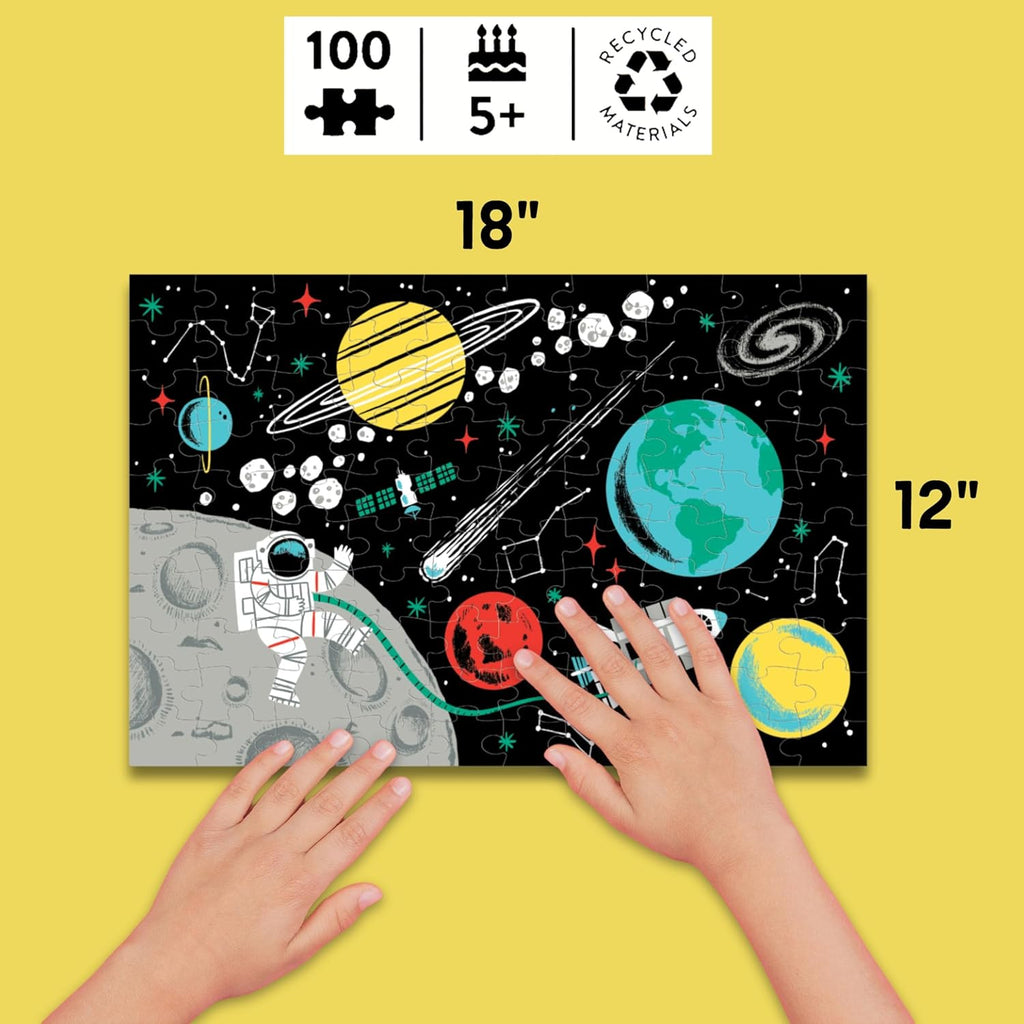 Outer Space Glow-In-The-Dark Puzzle, 100 Pieces, 18”X12”, Made for Kids Age 5+, Illustrations of Planets, Stars, Spaceships and More, Award-Winning Glow in the Dark Puzzle